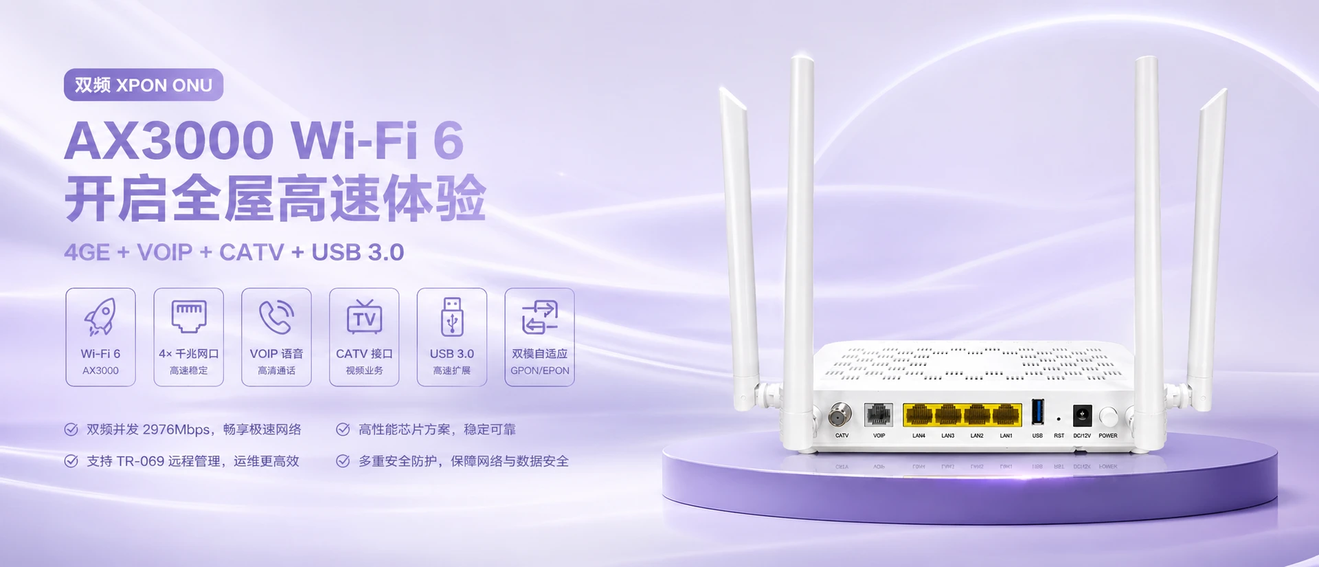 XPON Dual Band WiFi-6 AX3000 4GE+VOIP+CATV ONU
